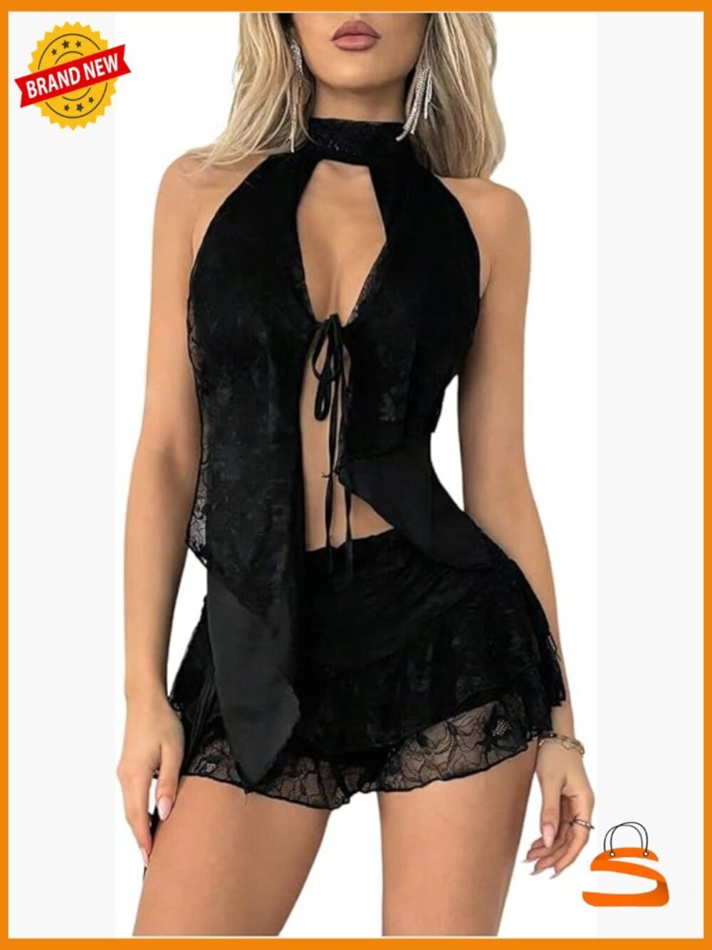 Y2K Floral Lace Halter Top & Ruched Skirt Set